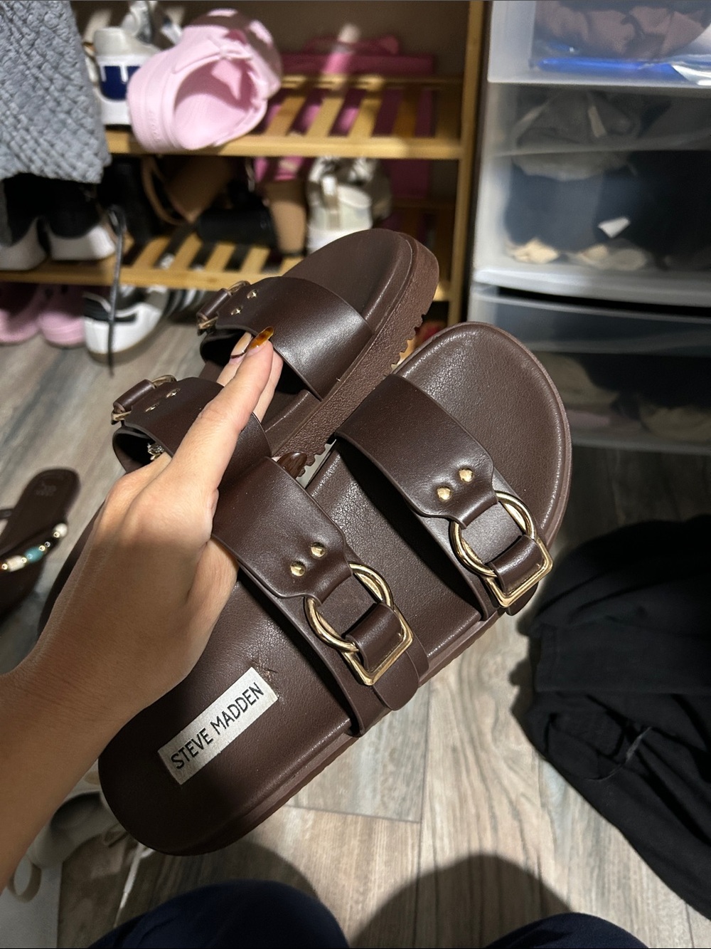 Steve Madden Dark Brown Dual-Buckle Slide Sandals